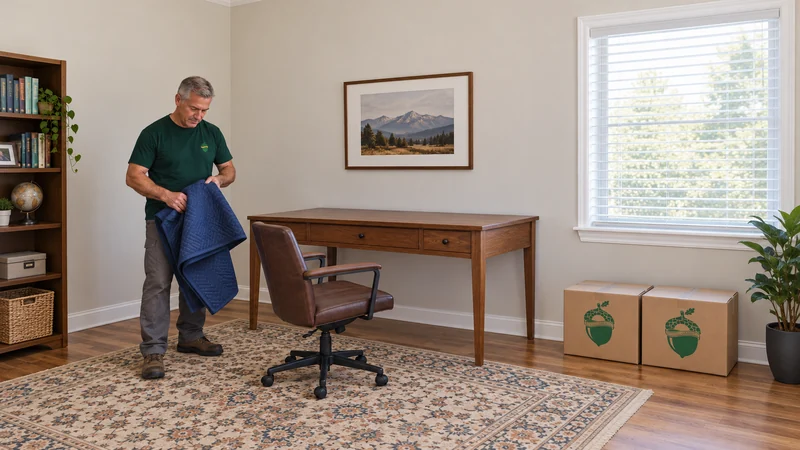 A mover collecting removed protection beside a fully reassembled unwrapped desk A mover collecting removed protection beside a fully reassembled unwrapped desk