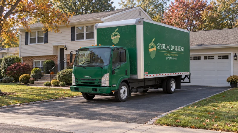 A green moving truck fully positioned on a representative Toms River mainland driveway A green moving truck at a representative Toms River mainland driveway