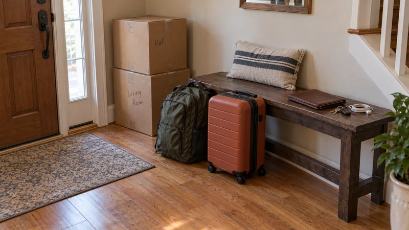 Personal travel bags and a closed document folio kept apart from shipment cartons Personal travel bags and a closed document folio kept apart from shipment cartons