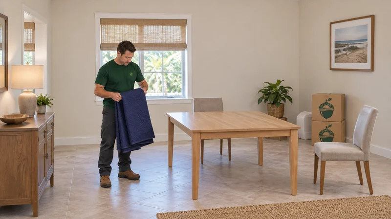 A mover folding removed protection beside a fully unwrapped reassembled table in a receiving room A mover folding removed protection beside a fully unwrapped reassembled table in a receiving room