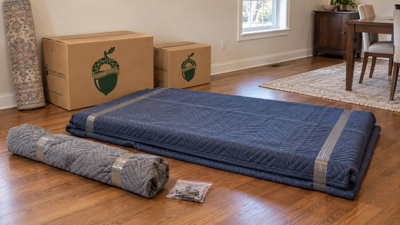 A protected tabletop, detached leg bundle and hardware awaiting receiving-room reassembly A protected tabletop, detached leg bundle and hardware awaiting receiving-room reassembly