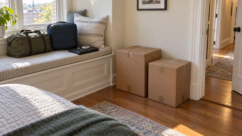 Personal bags and a closed document folio separated from shipment cartons Personal bags and a closed document folio separated from shipment cartons
