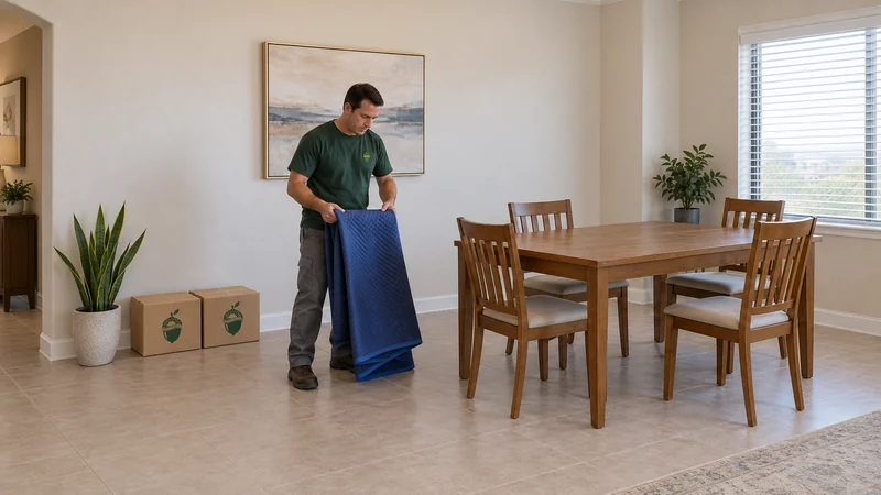 A mover collecting removed protection beside a fully reassembled unwrapped dining table A mover collecting removed protection beside a fully reassembled unwrapped dining table