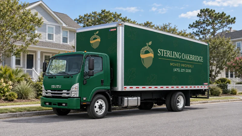 Review the vehicle position and complete carrying route before confirming pickup. An approved moving truck beside a representative coastal residential frontage