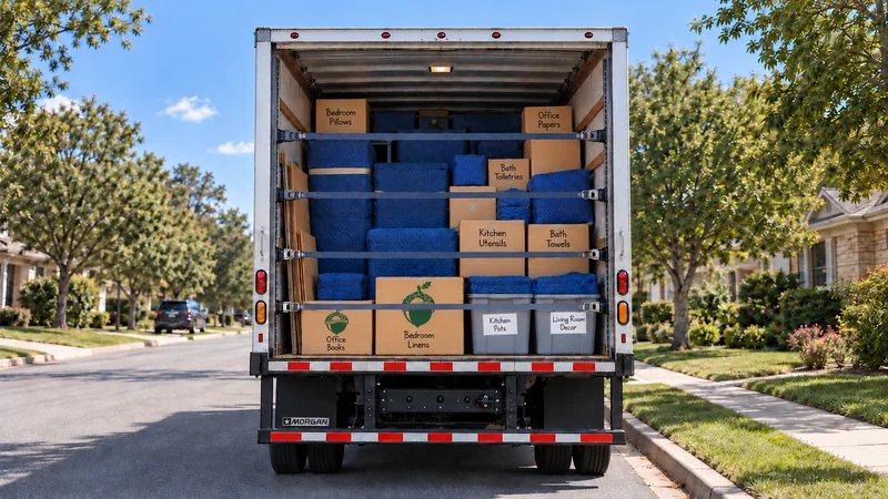 A substantial direct load combines protected furniture, identified cartons, totes and restrained side materials. A substantial mixed household load inside an approved moving truck