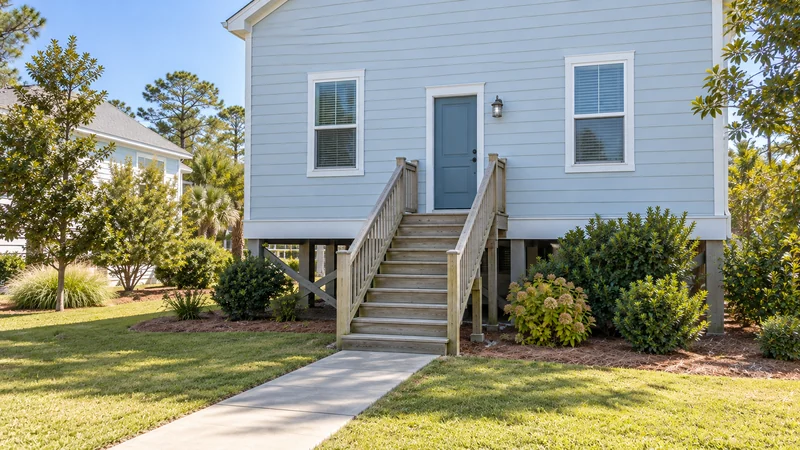 Review the whole exterior stair flight, landing and doorway before carrying furniture. A complete exterior stair flight and landing at a representative coastal home