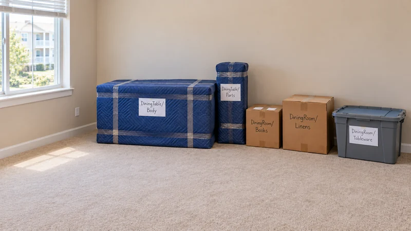 Keep the protected table body and matching parts identified beside the customer-packed cartons and tote. A protected dining-table body and matching parts beside customer-packed containers
