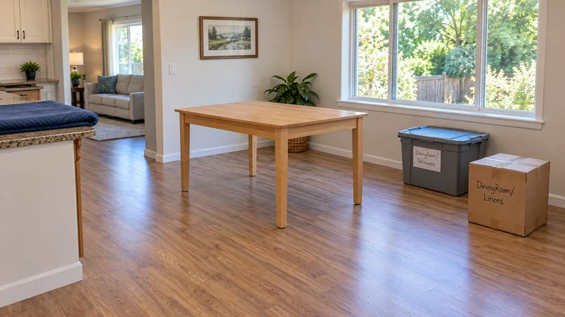 Confirm the unwrapped dining-table position and leave the customer containers and passage accessible. An unwrapped dining table placed in a representative receiving room