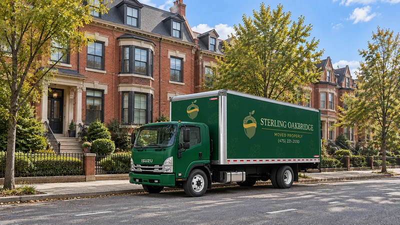 Confirm the approved truck position and full property route before pickup. An approved moving truck beside a representative Washington residential frontage