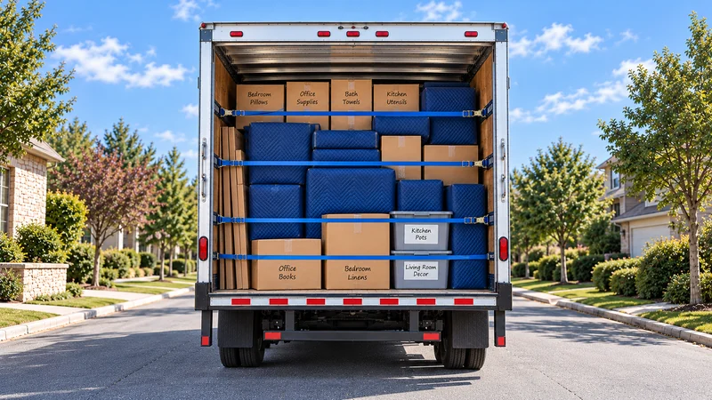 A substantial direct shipment combines protected furniture, identified cartons, totes and restrained side materials. A substantial mixed direct load inside an approved household-moving truck