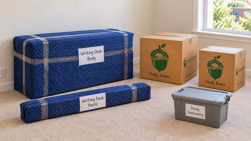 Keep the protected writing-desk body and matching parts identified with the selected cartons and tote. A protected writing-desk body and matching parts beside selected containers