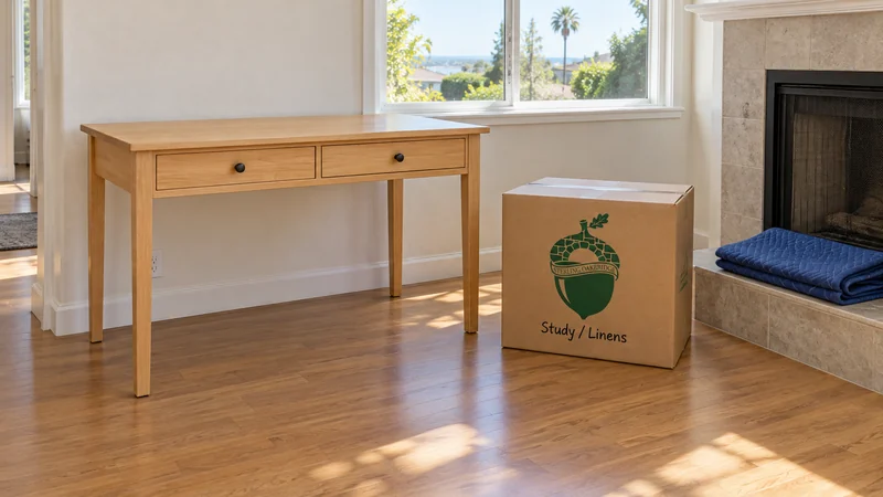 Confirm the unwrapped writing-desk position and keep the labelled container and passage accessible. An unwrapped writing desk placed in a representative receiving room