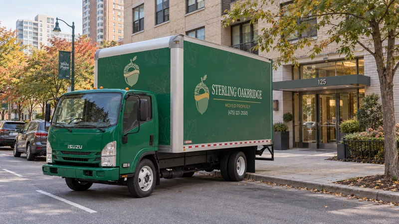 A green moving truck at a representative White Plains apartment pickup setting
