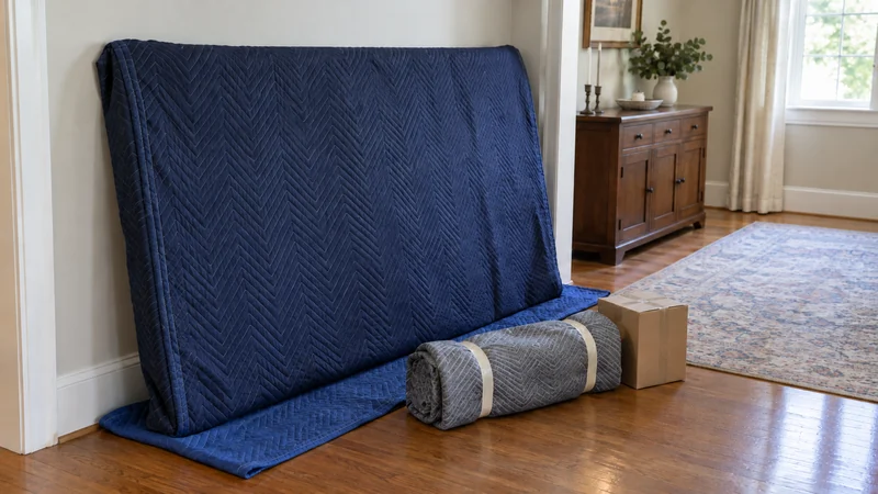 A protected tabletop and one wrapped bundle of detached long legs before transport