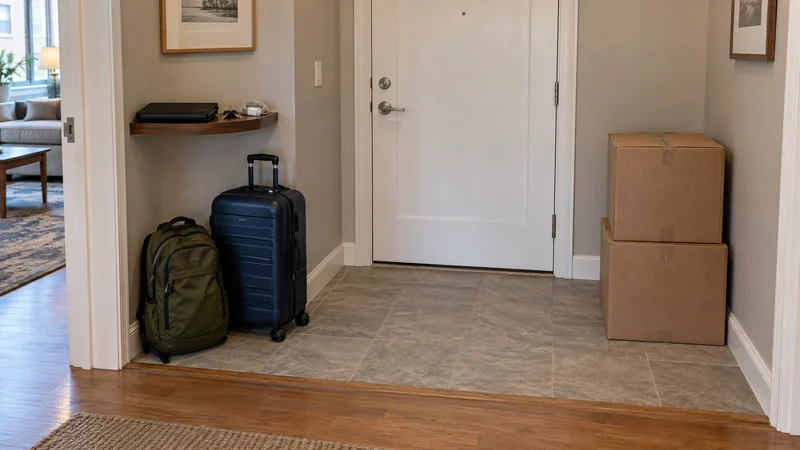 Travel bags kept outside shipment cartons in an apartment entry