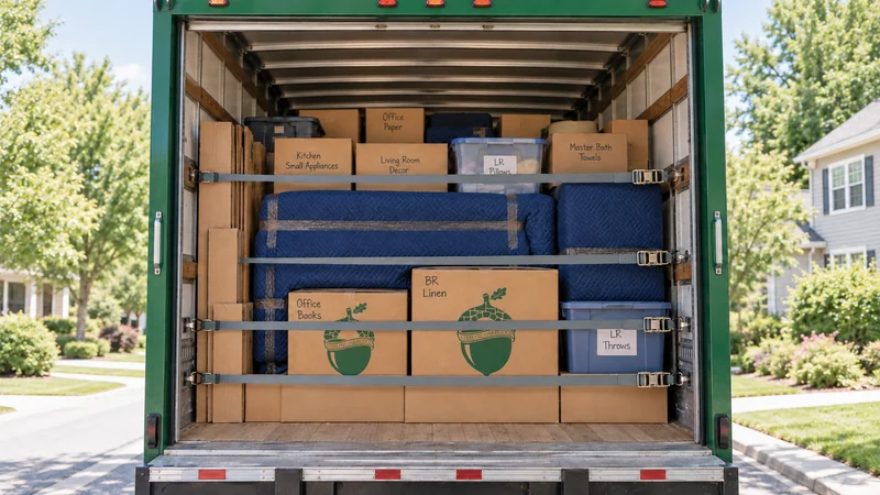 A secured dense mixed direct household load inside a green moving truck A secured dense mixed direct household load inside a green moving truck