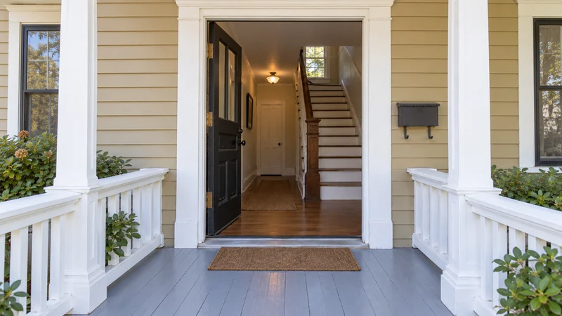A clear entrance and first stair section in a representative Worcester multifamily home A clear entrance and first stair section in a representative Worcester multifamily home