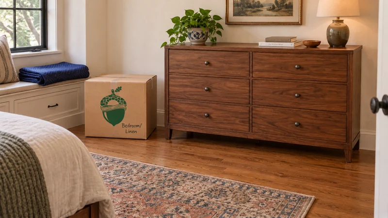 An unwrapped dresser in its receiving position beside an identified carton An unwrapped dresser in its receiving position beside an identified carton