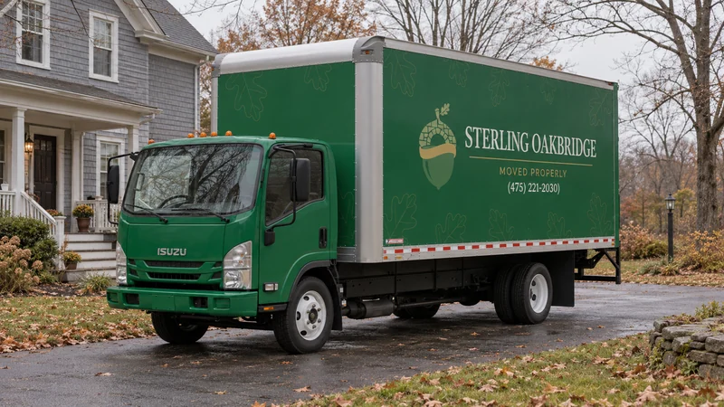 A branded green moving truck beside a maintained porch-fronted home