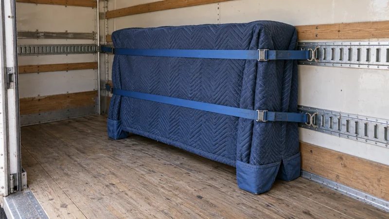 A cabinet protected with quilted blankets and secured inside a stationary cargo bay