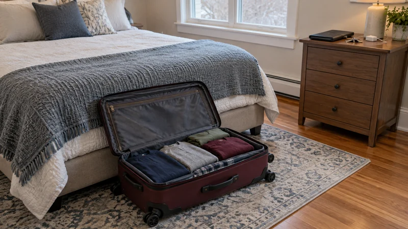 An open suitcase with clothing and a closed folio, keys and charger on a bedside cabinet