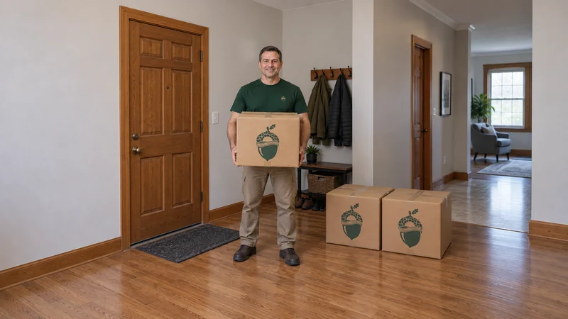 A mover holding a sealed medium carton with two cartons beside the entry