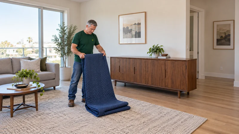 A mover folding a removed blanket beside an unwrapped sideboard in a receiving room
