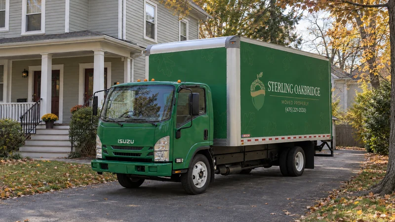 A green branded moving truck beside an older porch-fronted home A green branded moving truck parked beside an older porch-fronted home