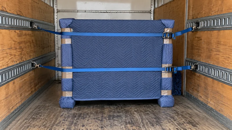 A blanket-protected dresser secured inside a stationary truck A blanket-protected dresser secured inside a stationary cargo bay
