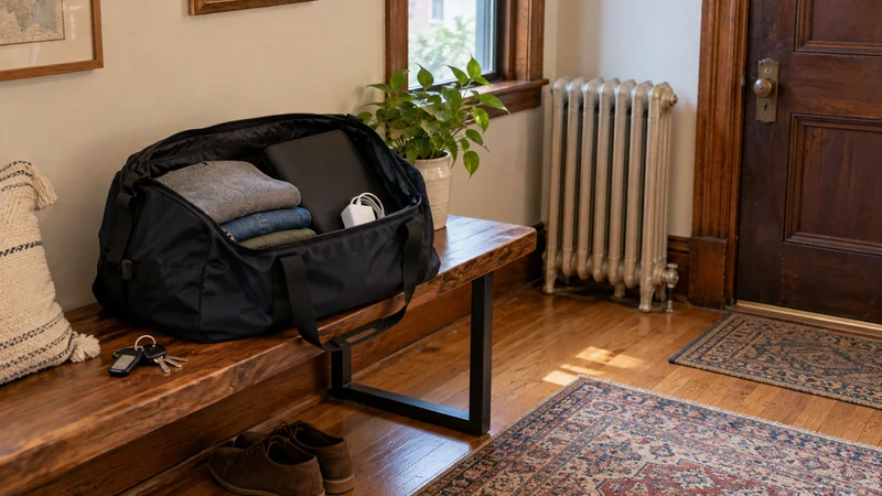 A travel bag with clothing, a closed folder, keys and charger by an apartment entrance A travel bag, clothing, closed document folder, charger and keys kept beside an apartment entry