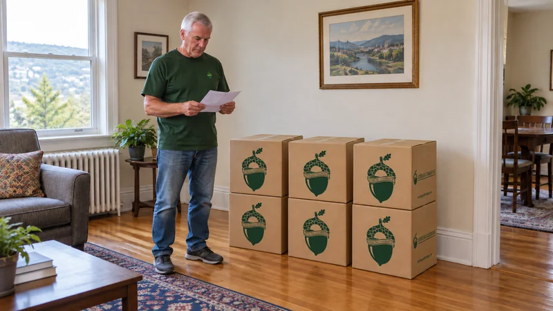 A mover reviewing a list beside six sealed medium kraft cartons A mover reviewing an inventory beside six sealed medium kraft cartons
