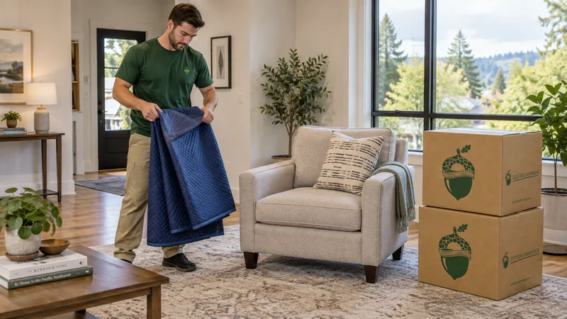 A mover folding a removed blanket beside an unwrapped armchair in a receiving room A mover folding a removed blanket beside an unwrapped armchair in a receiving room