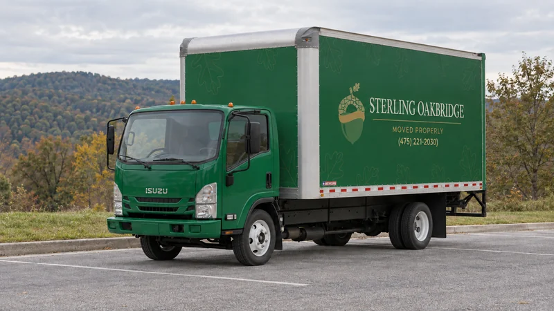 A green branded moving truck in a quiet roadside rest bay A branded green moving truck in a quiet roadside rest bay