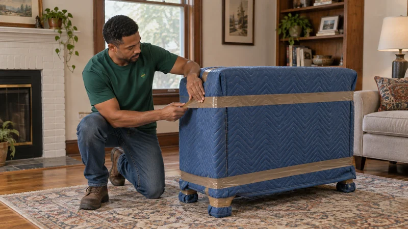 A mover securing a protective blanket around a dresser before loading A mover securing protective blankets around a dresser before loading