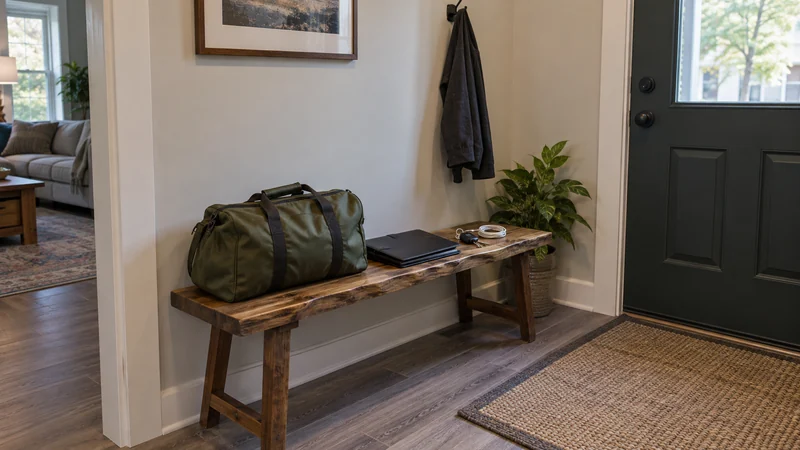 A travel bag, closed folder, keys and charger gathered by an apartment entry A travel bag, closed document folder, keys and charger gathered beside an apartment entry
