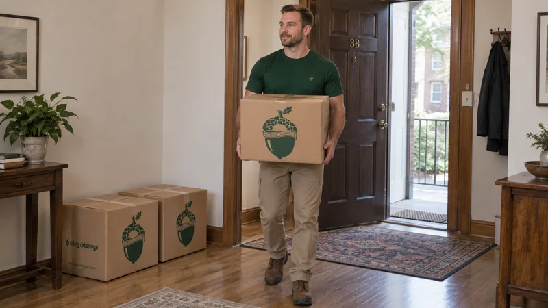 A mover carrying a sealed medium kraft carton at an apartment entry with two cartons aside A mover carrying a sealed medium carton at an apartment entry with two cartons aside