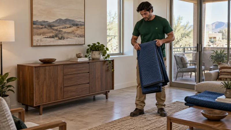 A mover folding a removed blanket beside an unwrapped sideboard in a receiving room A mover folding a removed blanket beside an unwrapped sideboard in a receiving room