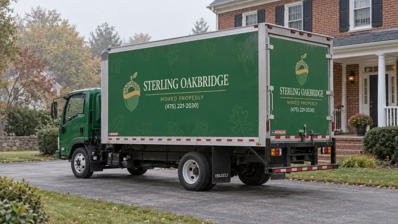 A green branded moving truck beside a cared-for brick home A green branded moving truck beside a cared-for brick home