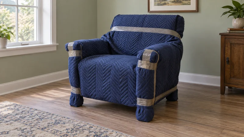 An armchair protected with quilted moving blankets An armchair protected with quilted moving blankets