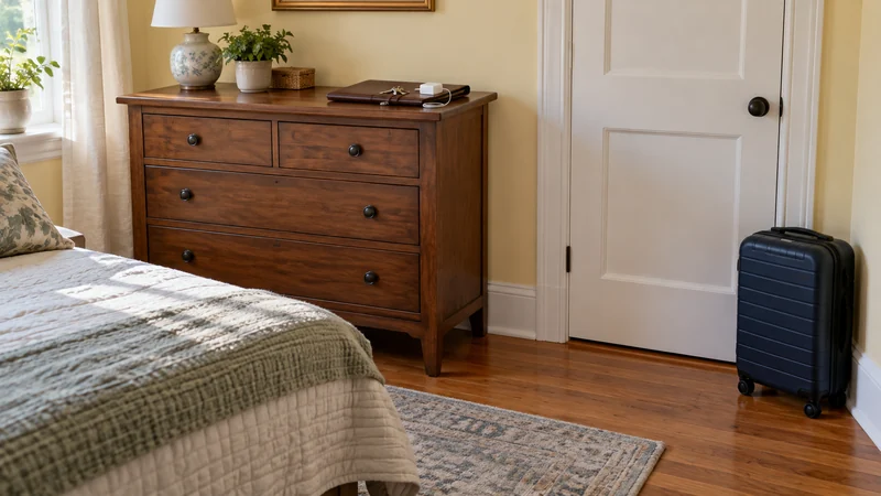 A suitcase and essential documents set apart in a bedroom A suitcase and essential documents set apart in a bedroom