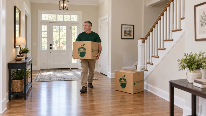 A mover supporting a medium sealed carton beside a townhome entrance A mover supporting a medium sealed carton beside a townhome entrance