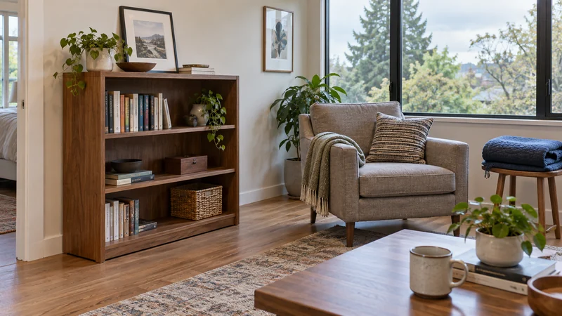 An unwrapped bookcase and armchair placed in an apartment receiving room An unwrapped bookcase and armchair placed in an apartment receiving room