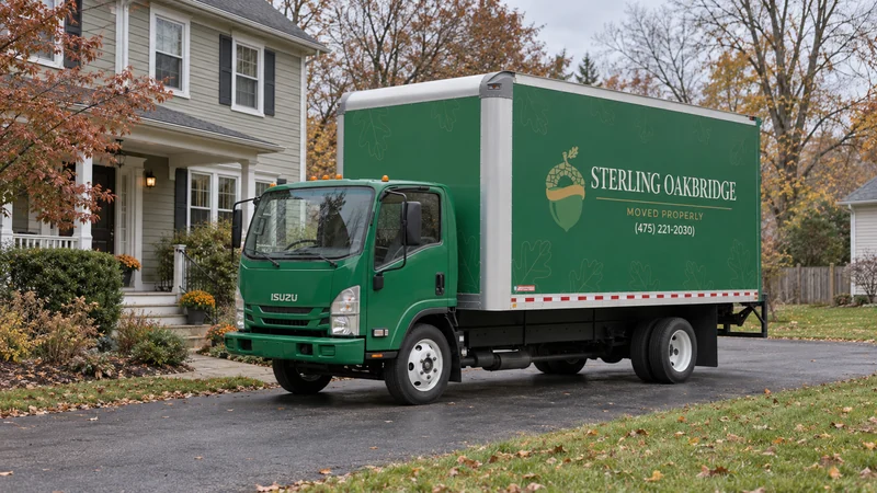 A green branded moving truck beside a cared-for porch-fronted home A branded green moving truck beside a porch-fronted home