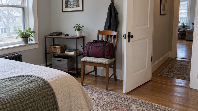 A travel bag on a chair with a closed folio, keys and charger nearby A travel bag on a chair with a closed folio, keys and charger nearby