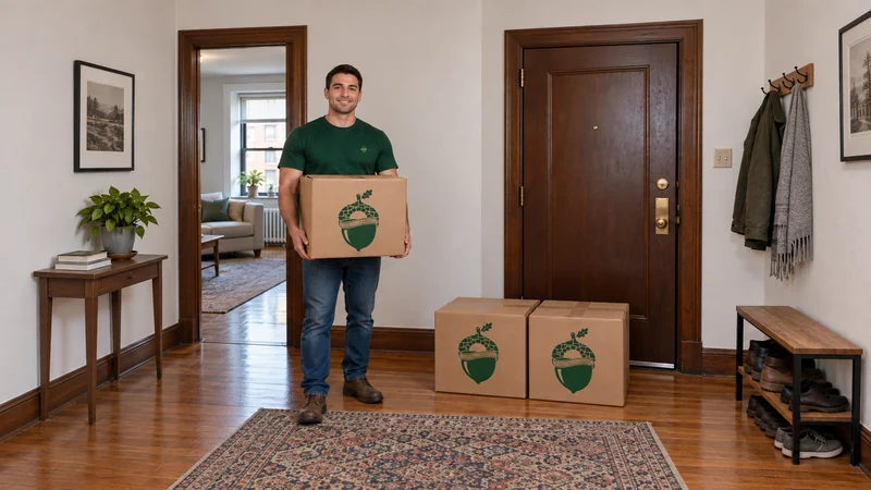 A mover holding a sealed medium kraft carton with two cartons beside an apartment entry A mover holding a sealed medium carton with two cartons beside an apartment entry