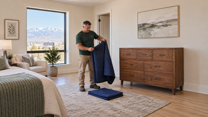 A mover folding a removed blanket beside an unwrapped dresser in a receiving room A mover folding a removed blanket beside an unwrapped dresser at a receiving home