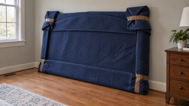 A detached headboard protected with quilted blankets