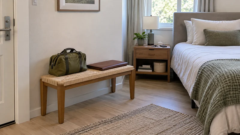 A travel bag and document folio kept separately near a bedroom door