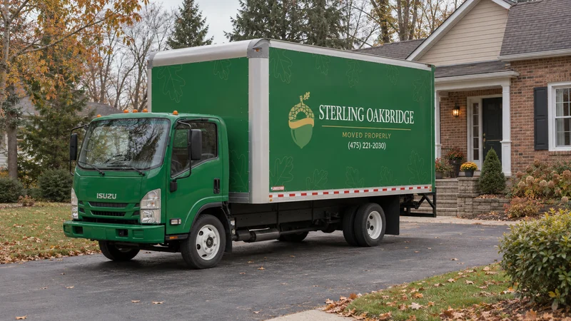 A green branded moving truck beside a residential home with a raised entry A green branded moving truck beside a home with a raised entry