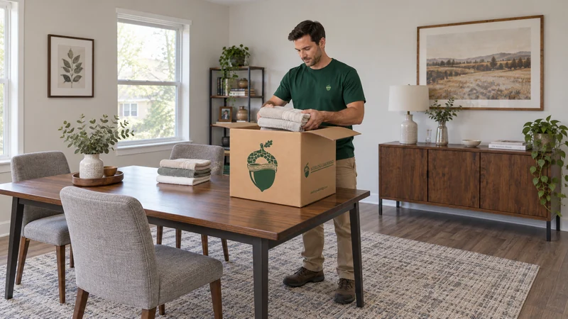 A mover packing folded towels into a medium kraft carton on a dining table A mover packing folded towels into a medium kraft carton on a dining table